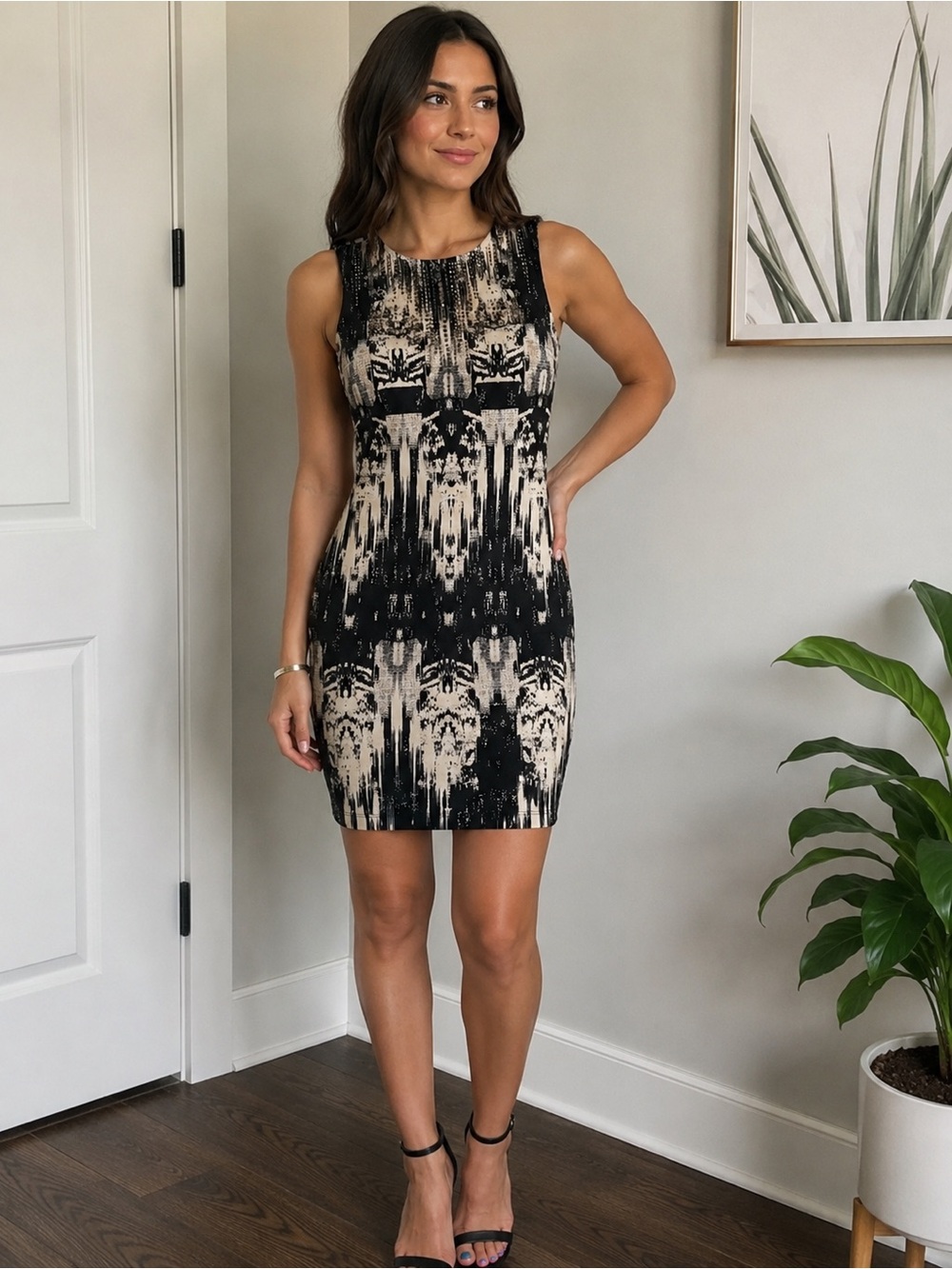 H&M Black and Beige Patterned Sleeveless Midi Dress